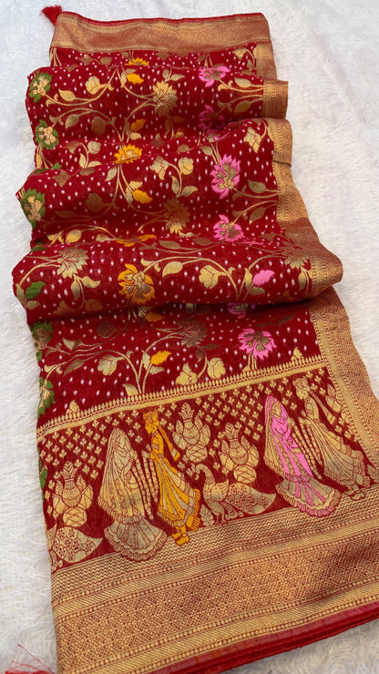 Minakari Bandhej Banarasi Saree (Georgette Junglo) Red