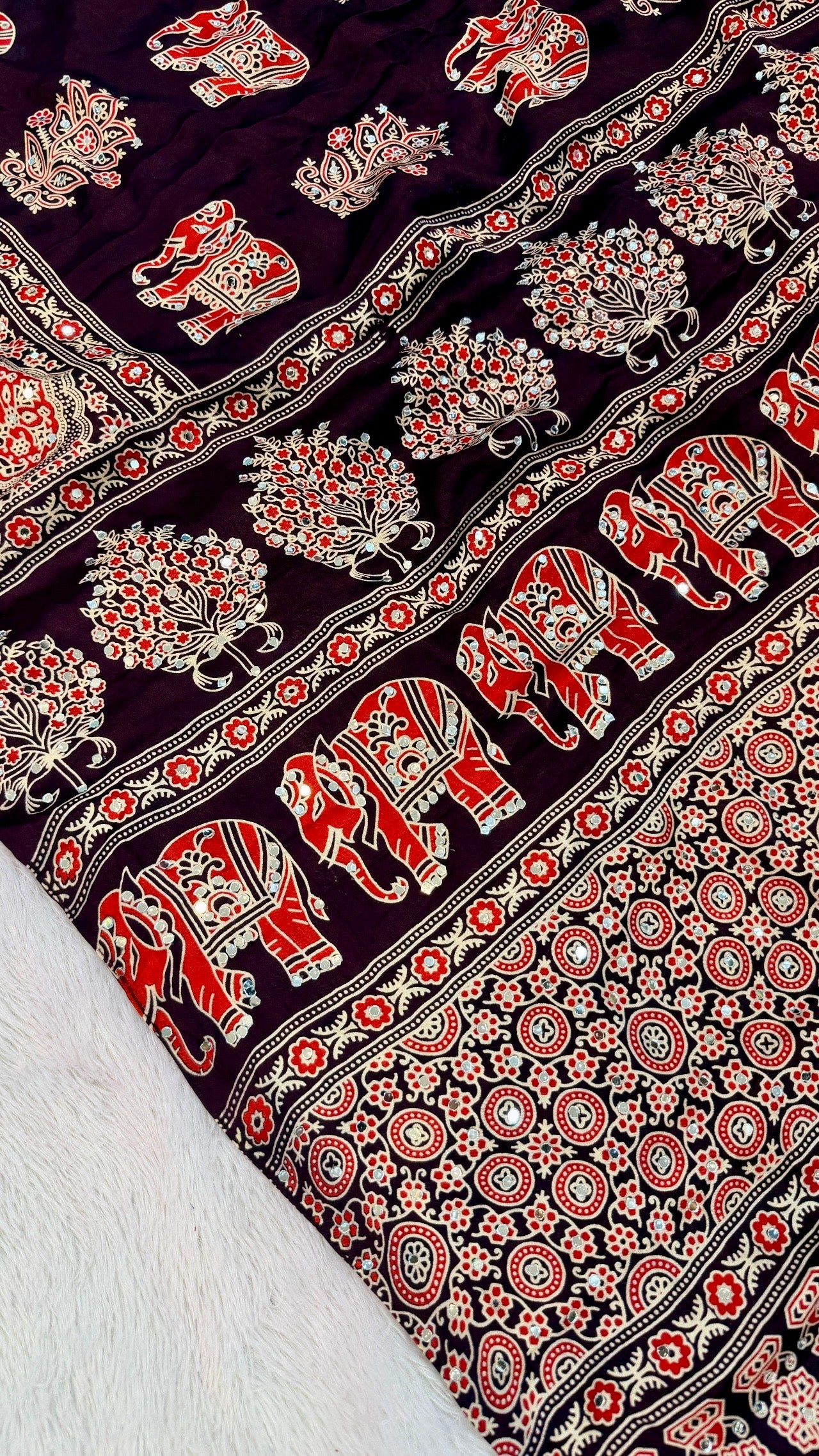 Handblock Ajrakh Mirror Saree (500+ Real Mirror) Wine