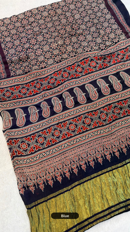 Ajrakhno Abhushan - Pure Modal Silk Ajrakh Saree with Lagadi Patta