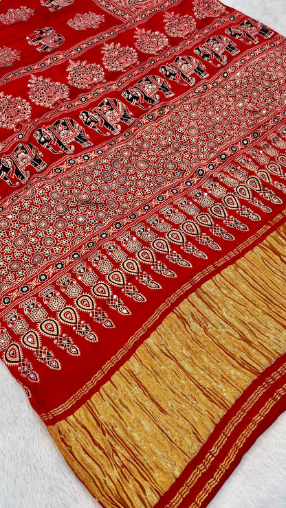 Handblock Ajrakh Mirror Saree (500+ Real Mirror) RED