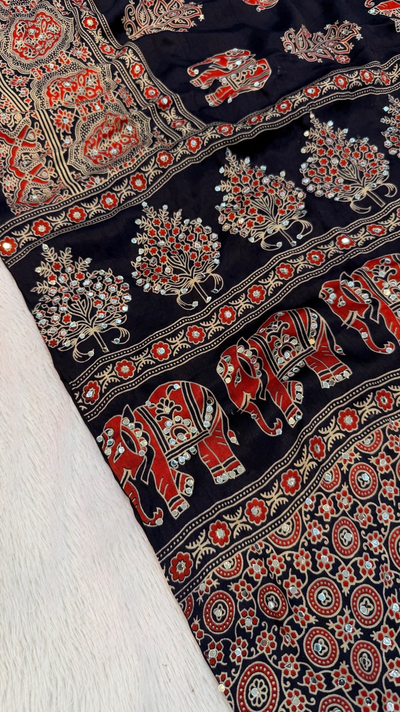 Handblock Ajrakh Mirror Saree (500+ Real Mirror) Blue