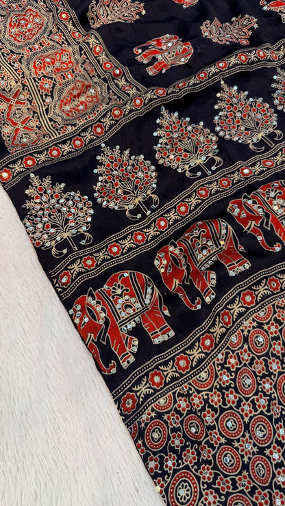Handblock Ajrakh Mirror Saree (500+ Real Mirror) Blue