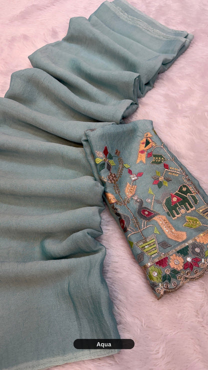 Solid Plain Saree + Kutchi motif Work Blouse