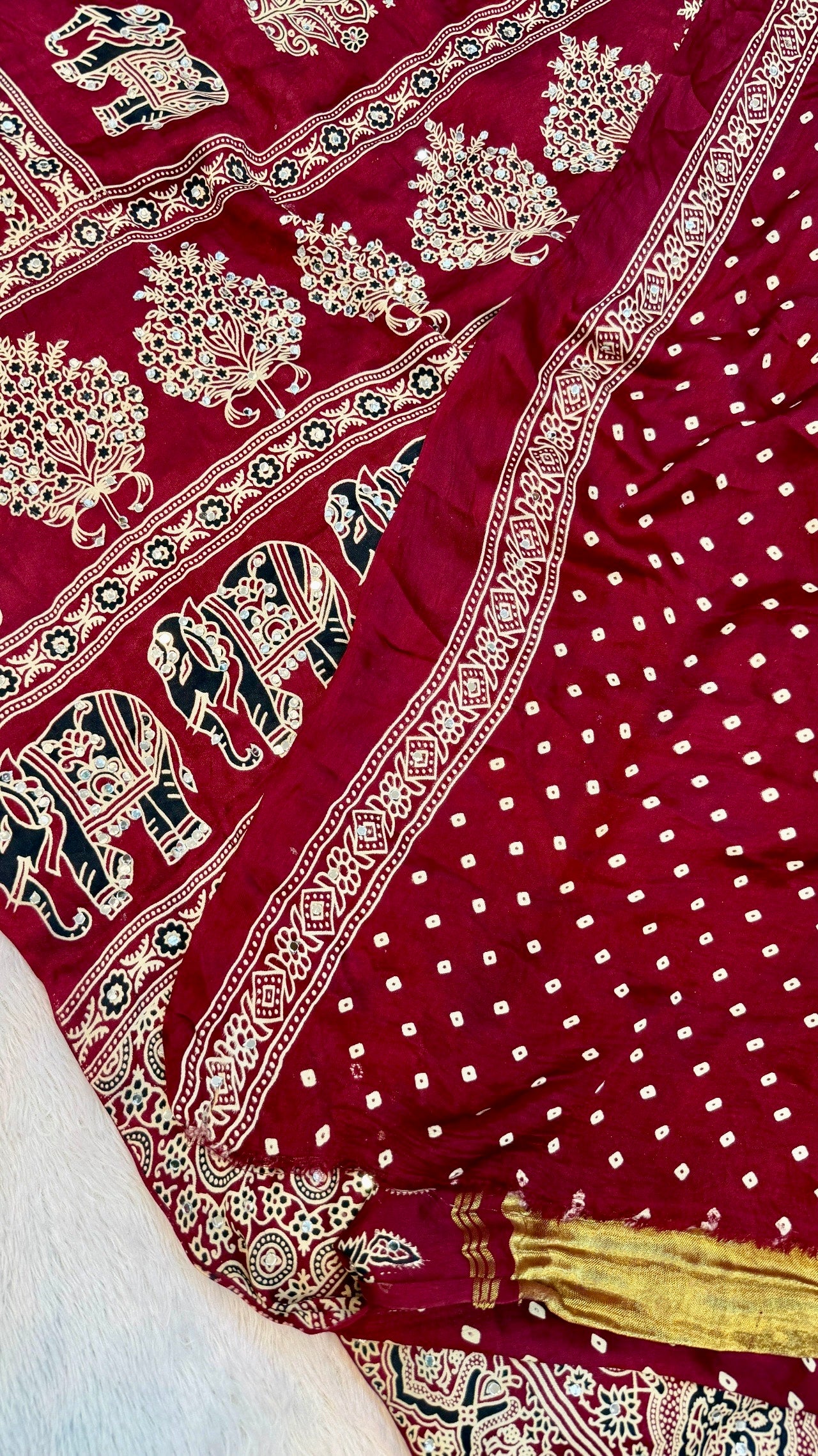 Handblock Ajrakh Mirror Saree (500+ Real Mirror) Maroon