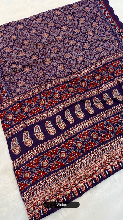 Rang-e-Ajrakh Crap Silk Saree