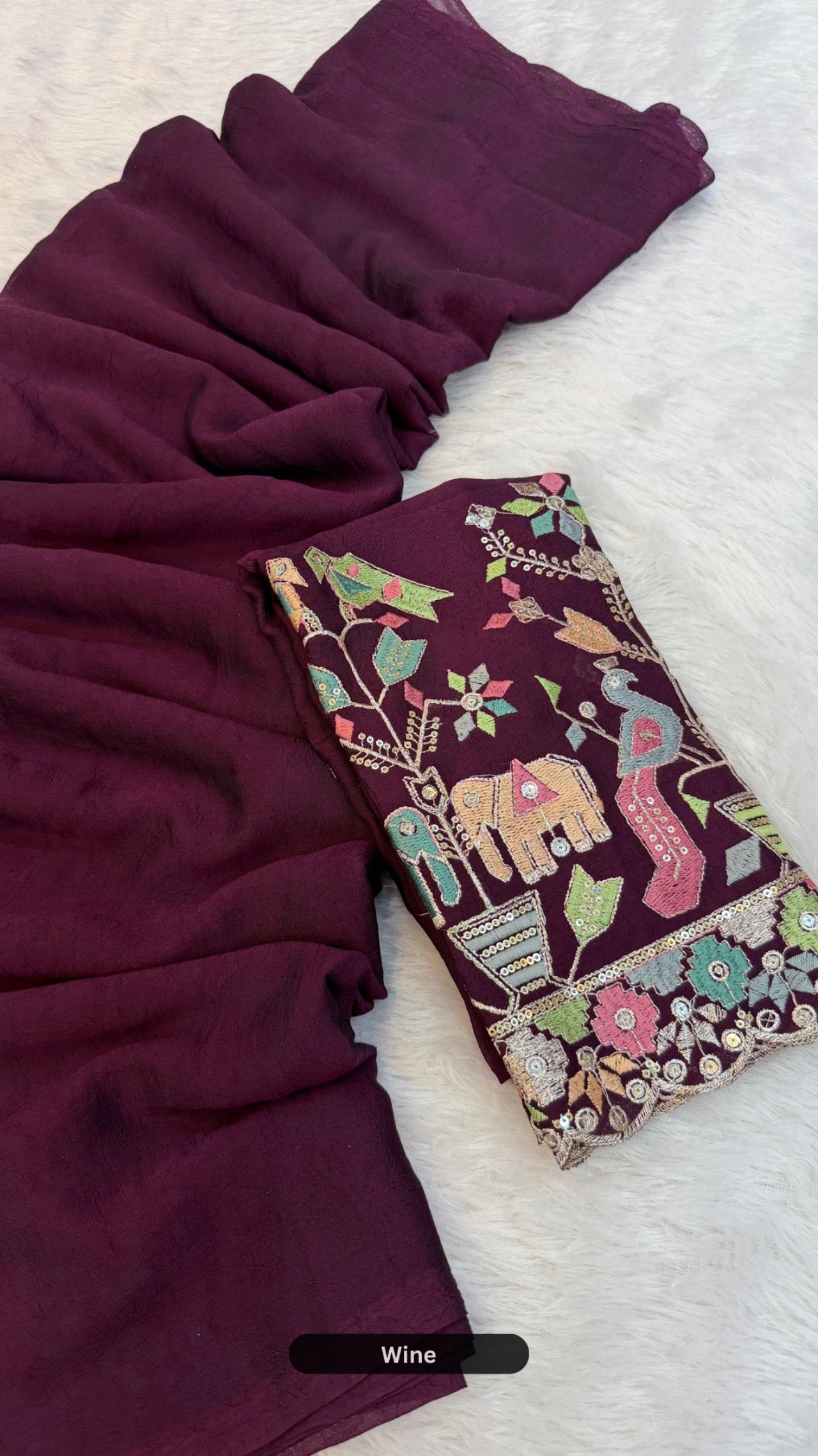 Solid Plain Saree + Kutchi motif Work Blouse