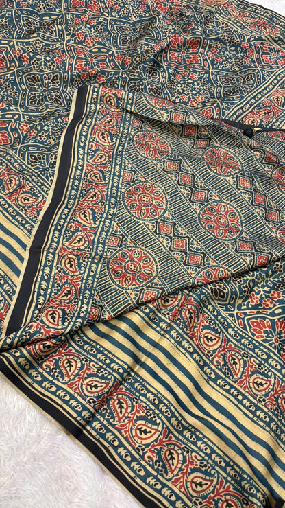 Ajrakh Kutchi Saree with Fancy Tussle (108)