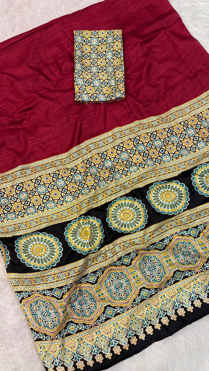 Tusser Silk Plain Ajrakh Saree