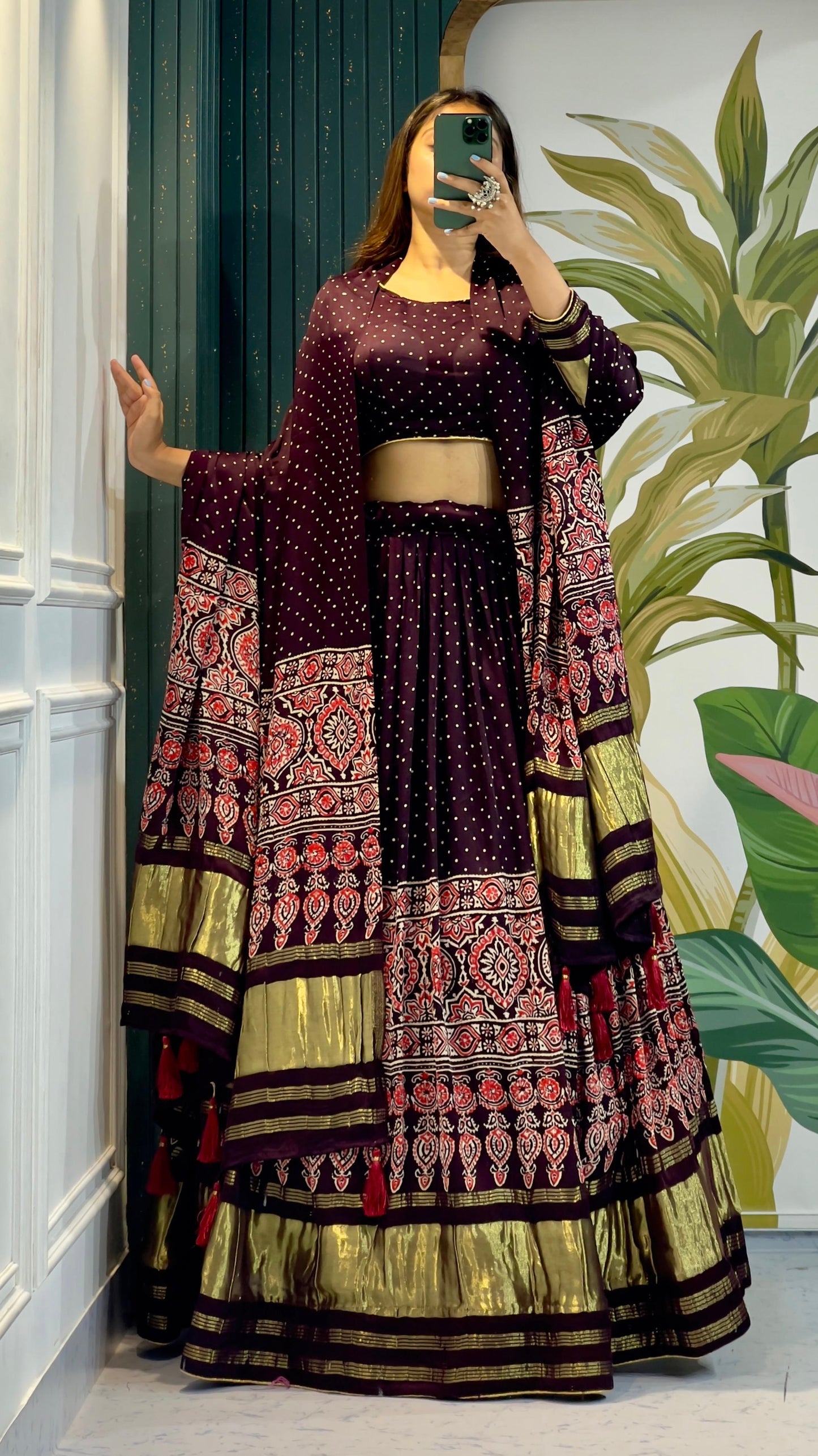 Handblock Ajrakh Lehanga Choli (Pure Model Silk)