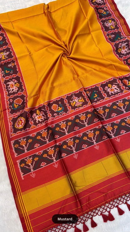Semi Ikkat PLAIN Patola Saree with Beautiful Tussle