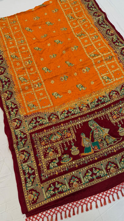 Kutchi Gharchola Saree (Gold x Maroon)