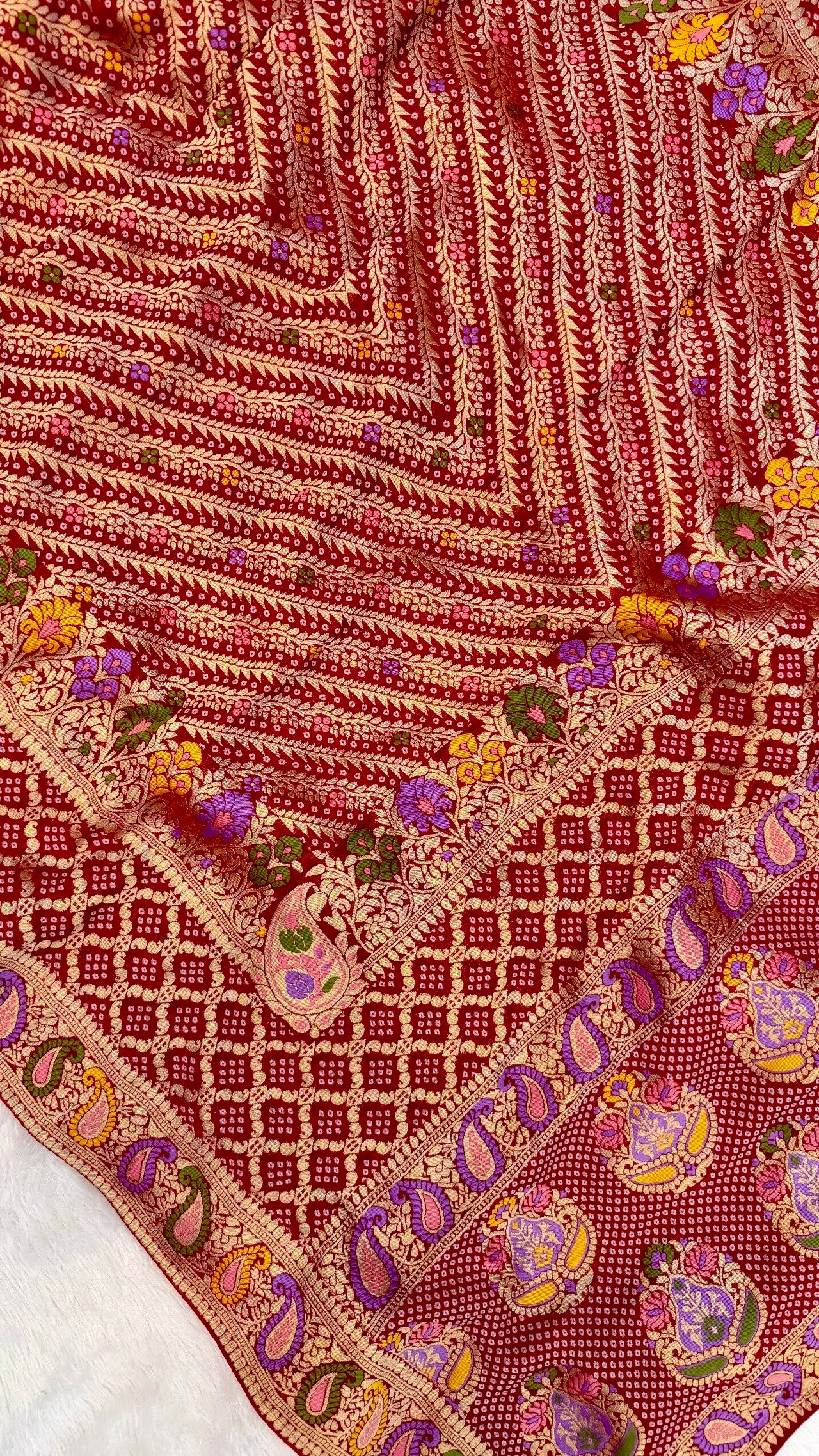 Minakari Bandhej Banarasi Saree (Khaddi Georgette) Red-Rani