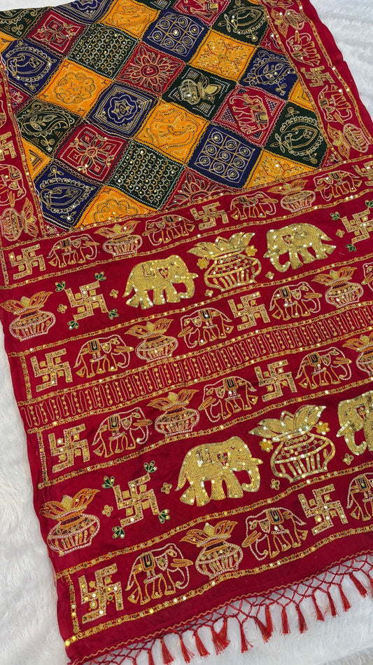 SvarṇaVastra :- Vintage Sequence Work Saree (Red)