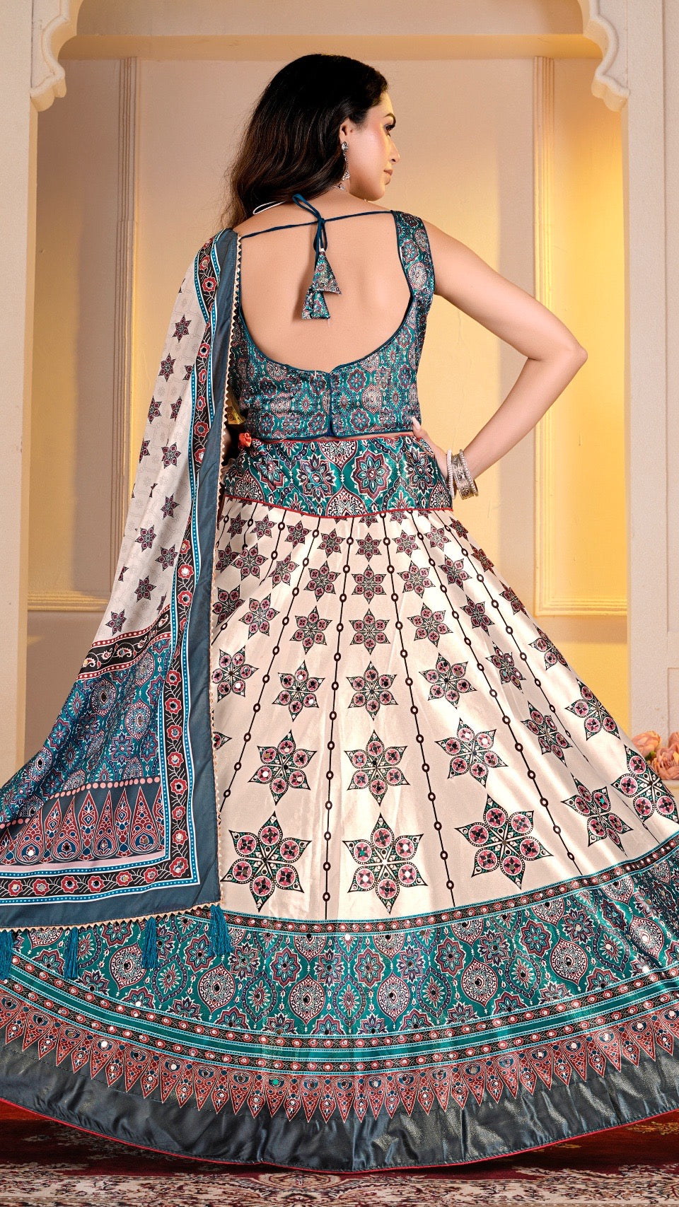 Real Mirror 7 Meter Flair, Boutique Ajrakh Lehanga Choli