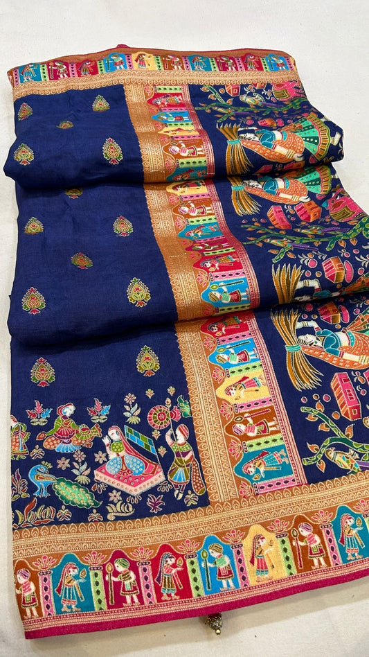 Pure Hand Weaving Kalamkari Saree (Blue Butta)