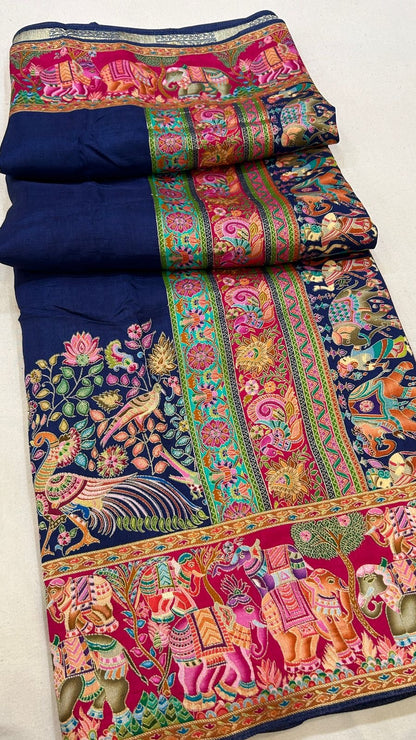 Pure Hand Weaving Kalamkari Saree (Blue Gala 2)