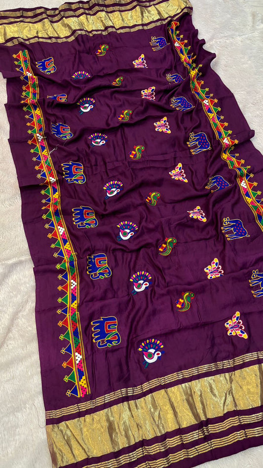 Kutchi Multi Work Duppta with Lagadi Patta - Purple