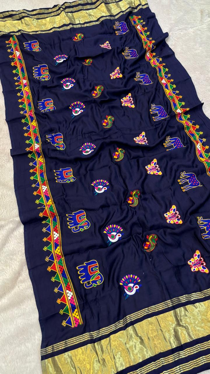 Kutchi Multi Work Duppta with Lagadi Patta - Navy Blue