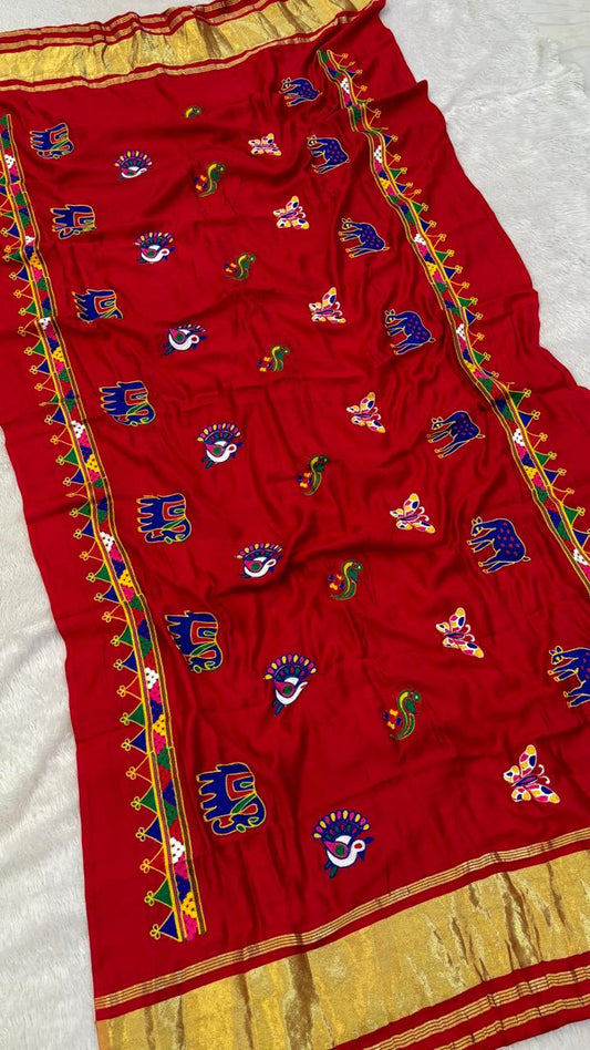 Kutchi Multi Work Duppta with Lagadi Patta - Red