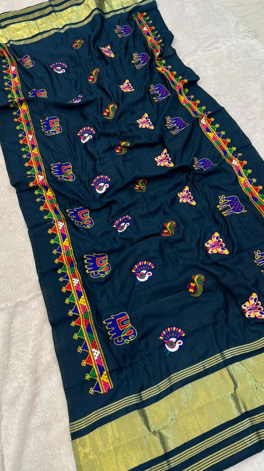 Kutchi Multi Work Duppta with Lagadi Patta - Petrol Blue