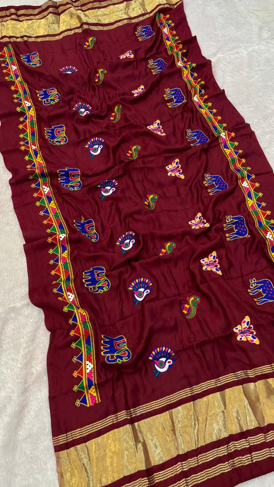 Kutchi Multi Work Duppta with Lagadi Patta - Maroon