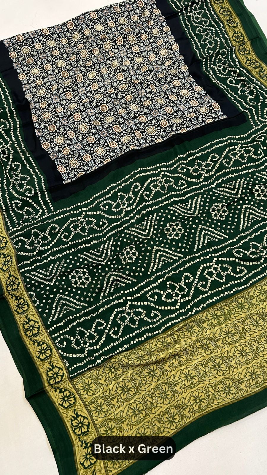 Ajrakh Bandhani Crap Silk Saree (One Day Sale)