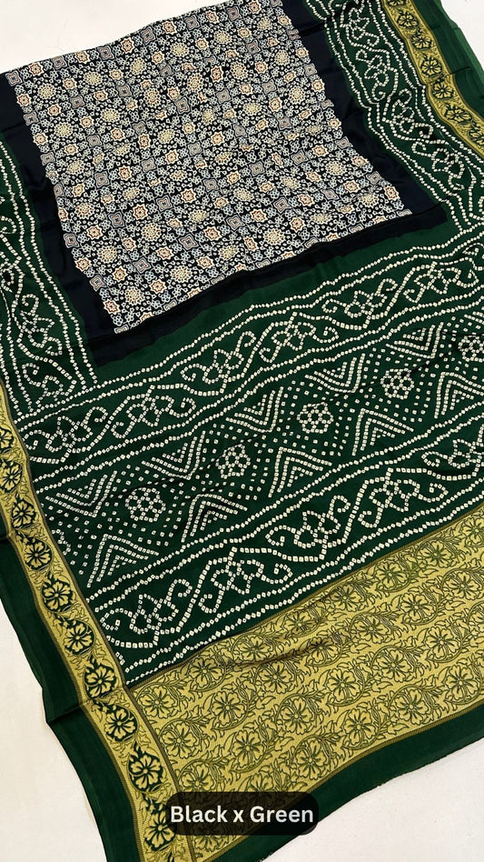 Ajrakh Bandhani Crap Silk Saree (One Day Sale)