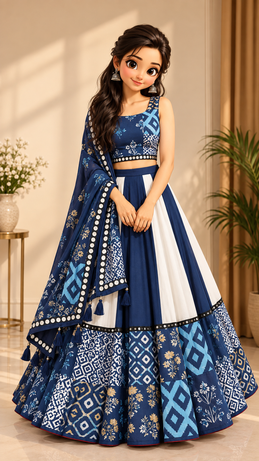 Dhabu Print Indigo Designe, 7 Meter Flare Lehanga Choli New