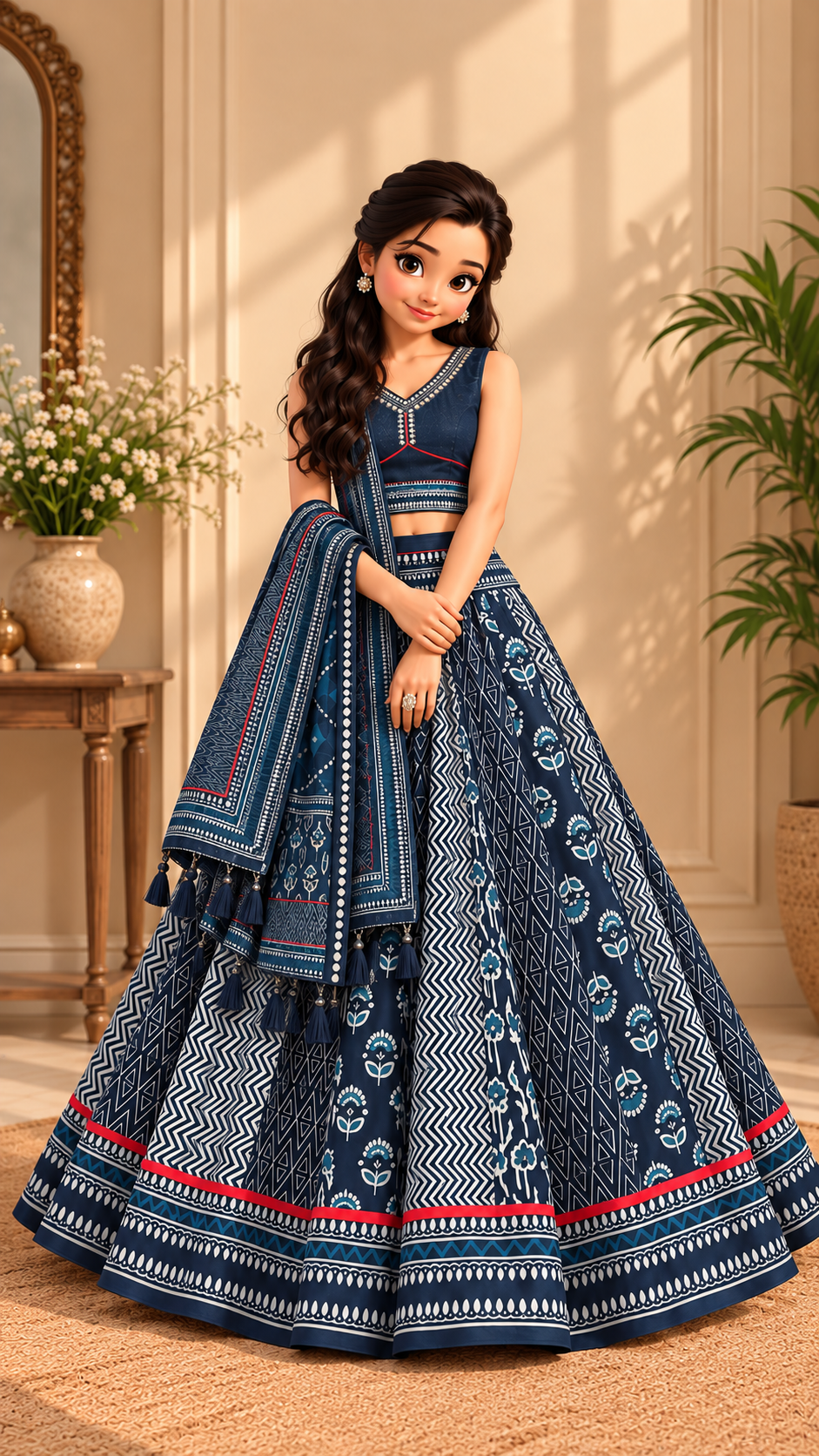 Dhabu Print Indigo Designe, 7 Meter Flare Lehanga Choli