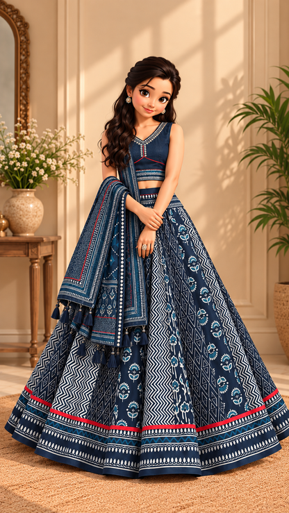 Dhabu Print Indigo Designe, 7 Meter Flare Lehanga Choli